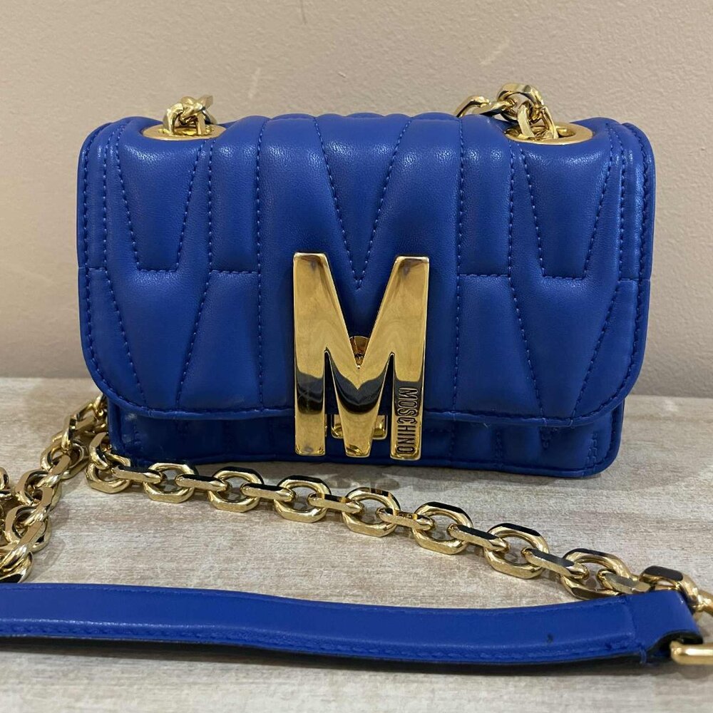 Moschino M Quilted Leather Micro Shoulder Crossbody Chain Bag - Blue